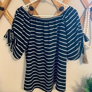Off-the-shoulder black and white striped blouse. Brand: Vine & Love— size medium
